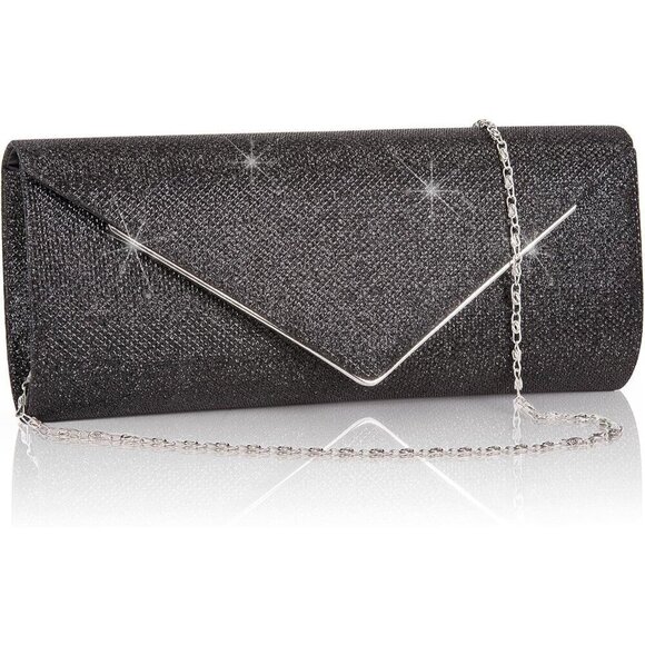 Women Black Larcenciel Sparkel Envelope Clutch Detachable Chain with Evening bag - Picture 1 of 7